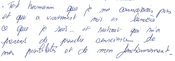 Test Hermann que je ne connaissais pas et qui a vraiment mis en lumière ce que je suis... et surtout qui m'a permis de prendre conscience de mes possibilités et de mon fonctionnement.