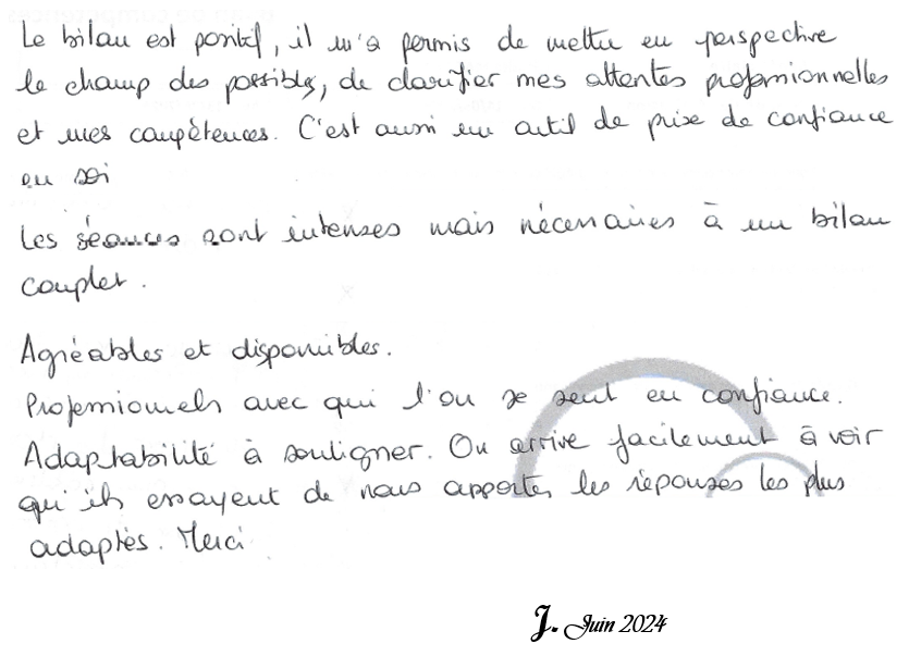 Mettre en perspective les champs des possibles, de clairifier mes attentes et mes compétences. Merci.  J. Juin 2024